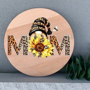 Mothers Day Gnome Sunflower Wall Art 12 Inch Round Thin Birch Wood